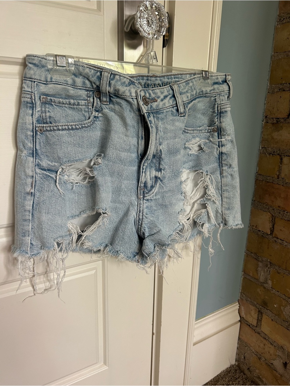 American Eagle Outfitters Light Blue Distressed Denim Shorts for Going Out
